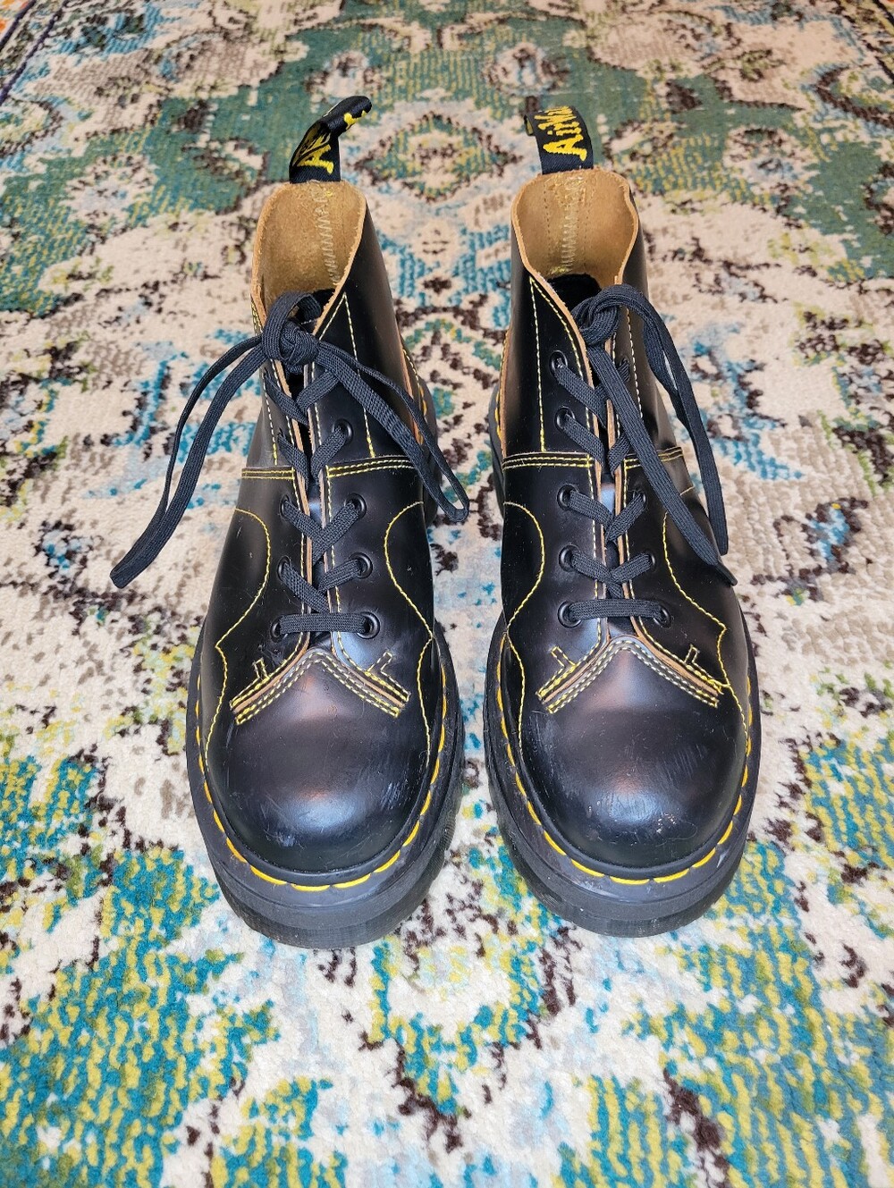 Dr. Martens Church Quad Platform Monkey Yellow Stitching Leather Boots, W9 M8 - Picture 2 of 10